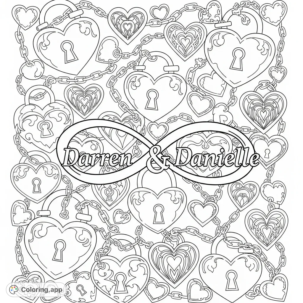 An intricate love-themed coloring page featuring the names Darren and Danielle intertwined with an infinity symbol, surrounded by a dense pattern of heart locks and Gothic-inspired hearts.