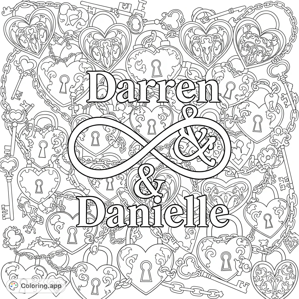 Intricate romantic design with 'Darren' & 'Danielle' intertwined by an infinity symbol, surrounded by heart locks, keys, and Gothic patterns. Perfect for personal expression.