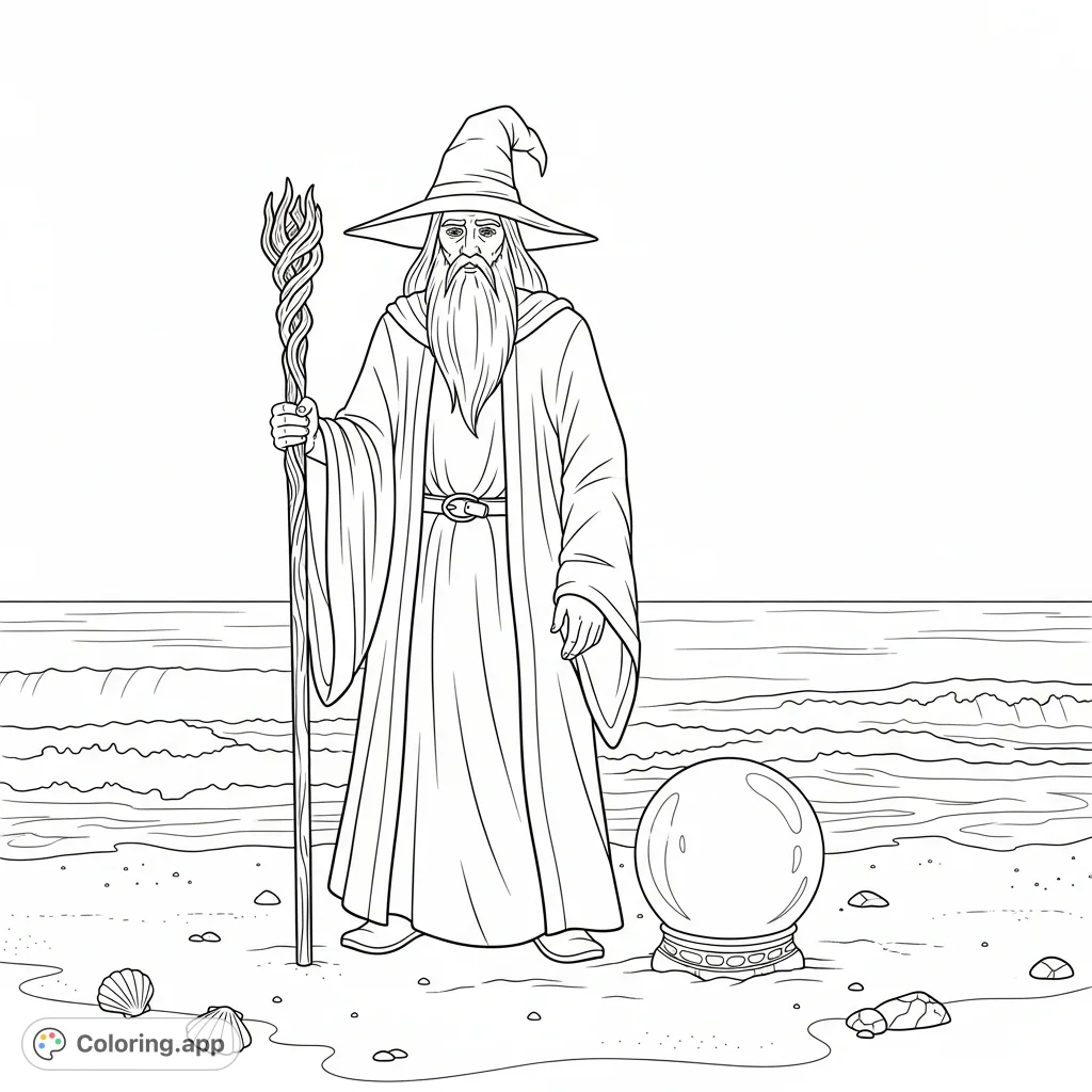 A powerful wizard on a serene beach, holding a magic staff and accompanied by a mystical crystal ball. A unique fantasy scene ready for coloring.