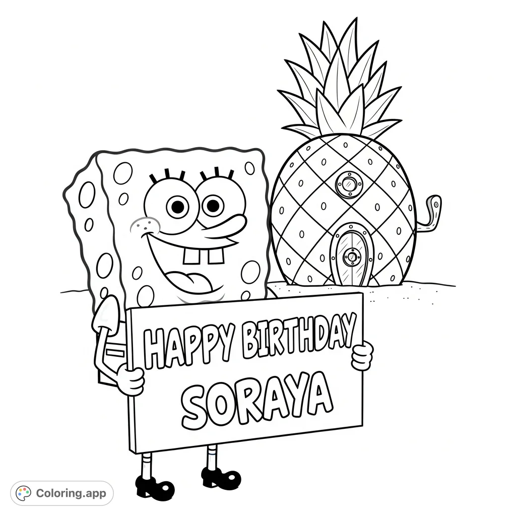 SpongeBob SquarePants brings a personalized "Happy Birthday Soraya" message, standing cheerfully in front of his iconic pineapple home.