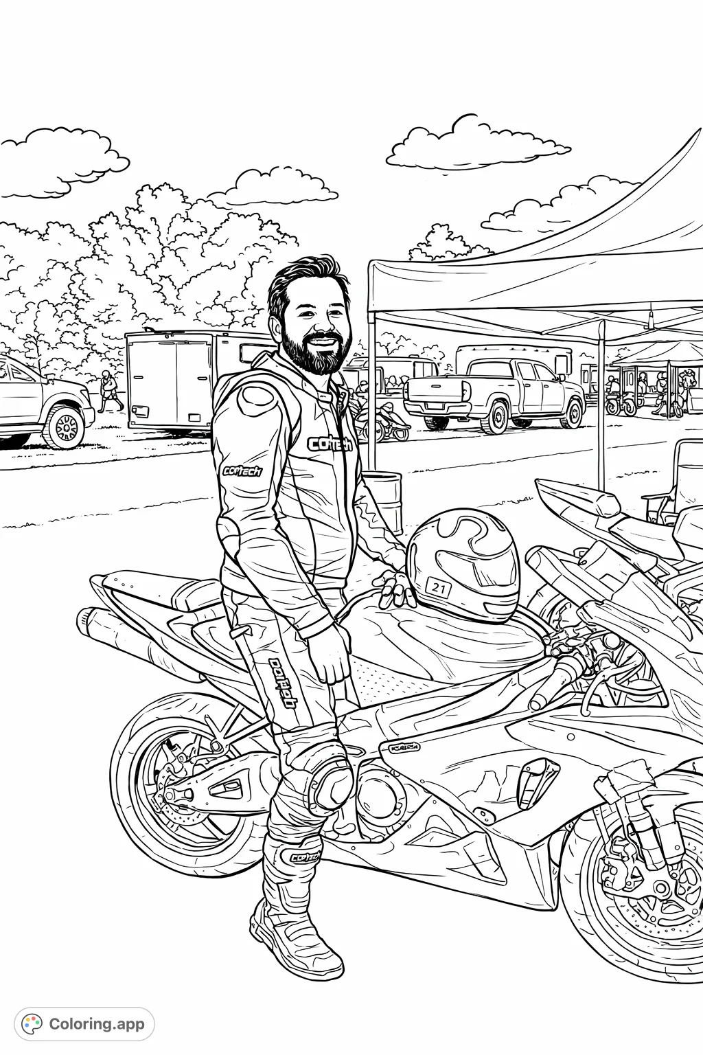 A smiling motorcycle rider in full gear, seated on a powerful sportbike, ready for action at the track. Perfect for motorsports enthusiasts.