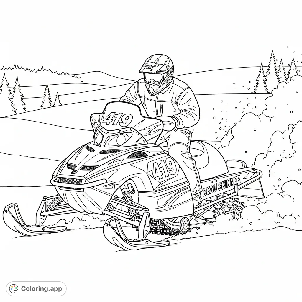 Experience the thrill of winter sports with this detailed Beau Skinner snowmobile coloring page, featuring number 419 in dynamic, snowy action.