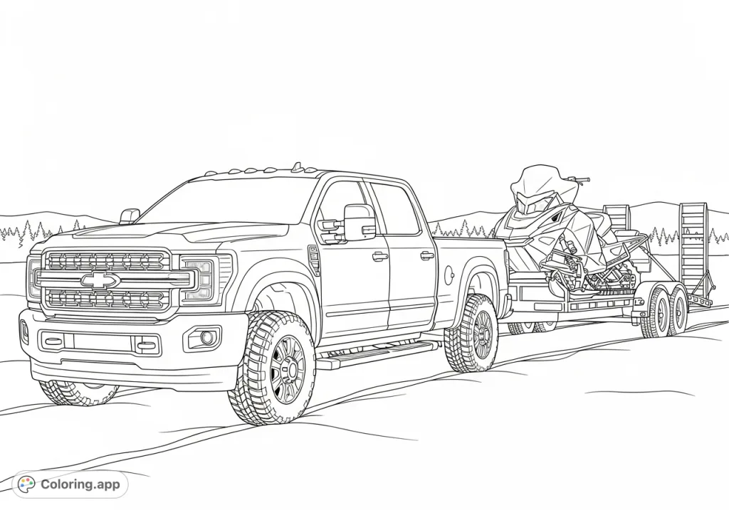 A detailed pickup truck towing an open trailer with a powerful snowmobile, set against a snowy landscape. Perfect for vehicle enthusiasts and winter adventure fans.