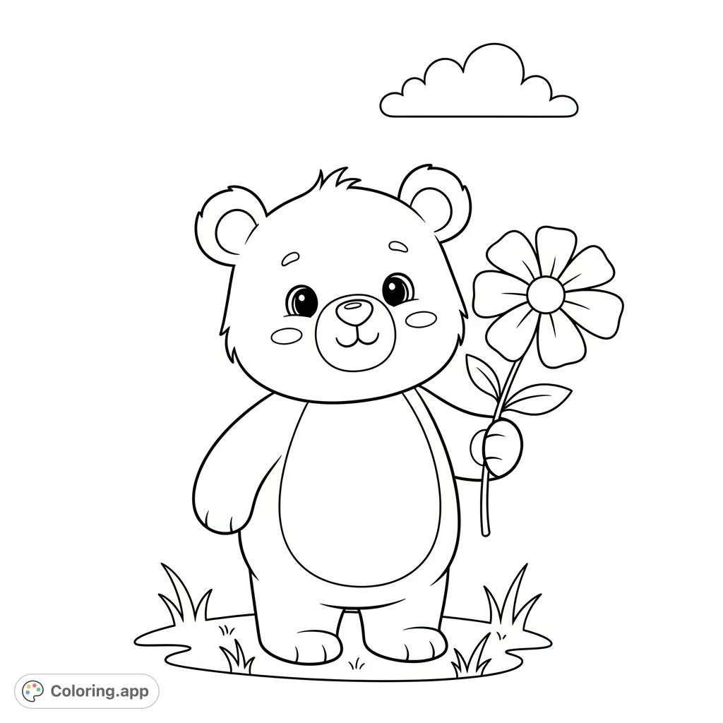 A charming bear cub stands holding a flower, set against a simple, inviting backdrop. Perfect for young artists to explore their creativity with bold outlines.