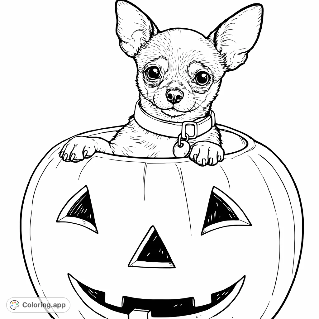 A charming chihuahua peeks out from a festive pumpkin, ready for a fun celebration. This cute Halloween dog coloring page is perfect for all ages!