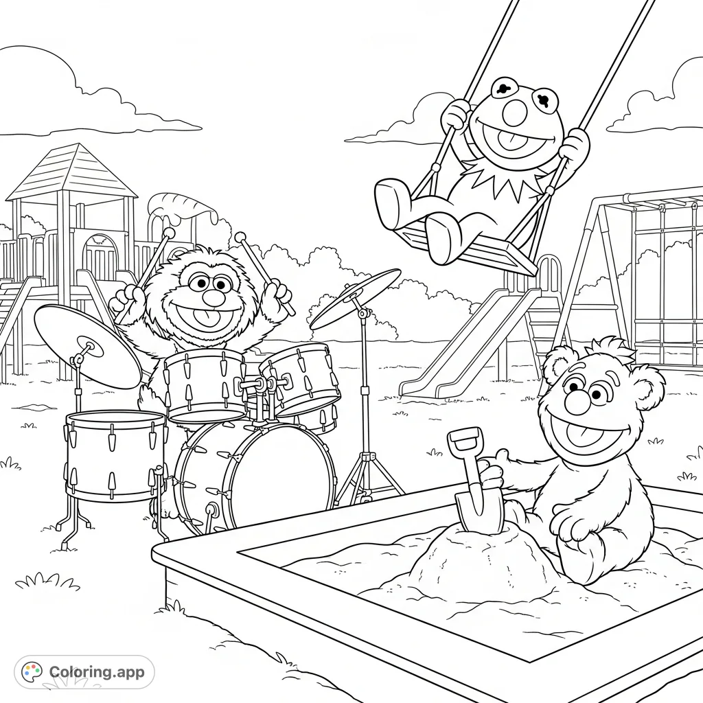 Join Muppet Babies Animal, Fozzie, and Kermit on a joyful playground adventure! A delightful free printable Muppet Babies coloring page for endless fun.
