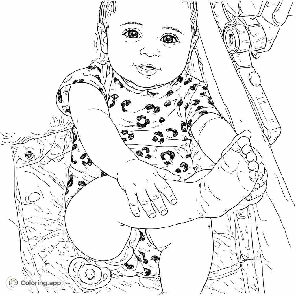 Capture the innocence of a baby enjoying playtime, holding its foot in a cozy bassinet. Features a charming spotted onesie and a pacifier.