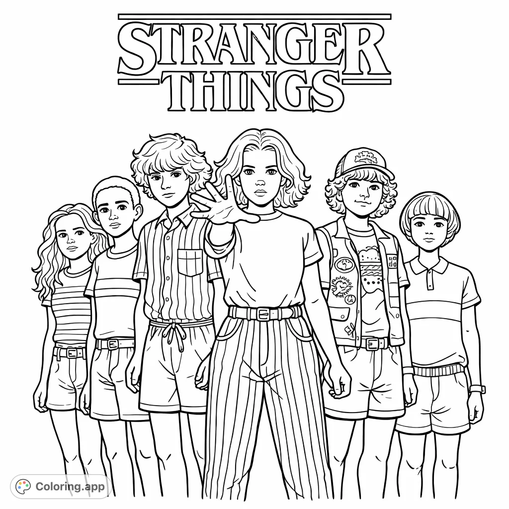 Color the iconic group from Stranger Things in this fun, cartoony coloring page! Features beloved characters and the show's recognizable title.