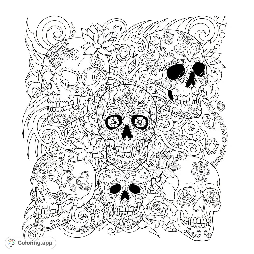 Explore a detailed tattoo-inspired coloring page featuring stylized skulls adorned with intricate filigree, tribal patterns, and elegant floral motifs for a sophisticated artistic challenge.