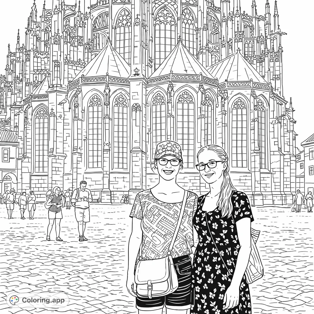 Capture the grandeur of a majestic cathedral and two friendly travelers in a detailed architecture coloring page, perfect for history and travel enthusiasts.