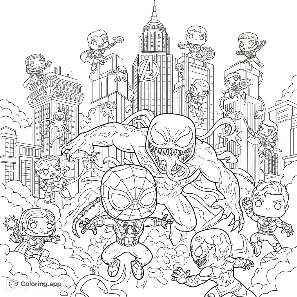 Join Funko Pop Spider-Man and Avengers battling a symbiote invasion in this action-packed, stylized scene. A thrilling superhero coloring page!
