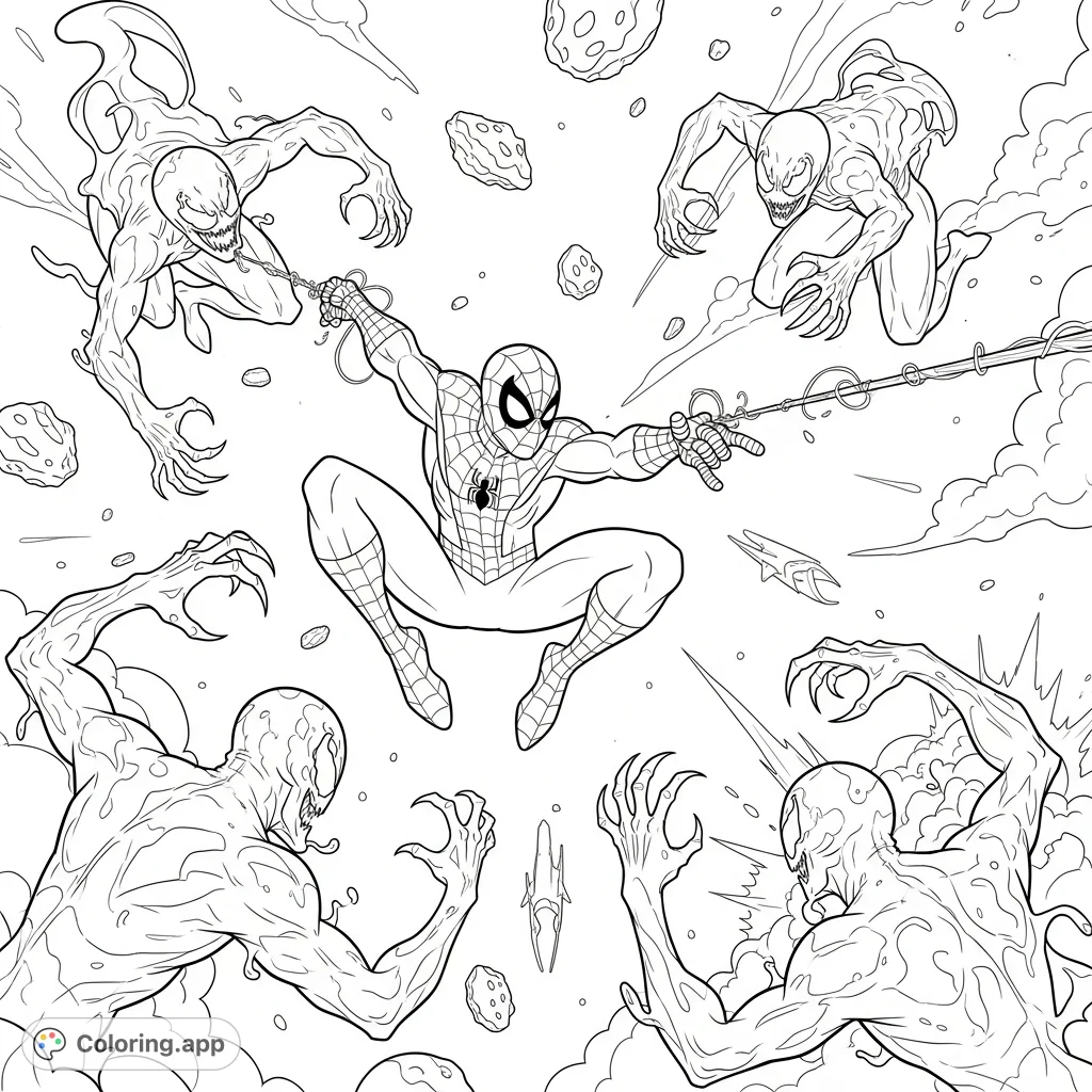 An action-packed Spider-Man cosmic battle against amorphous symbiote invaders in space. A thrilling free printable Spider-Man coloring page.