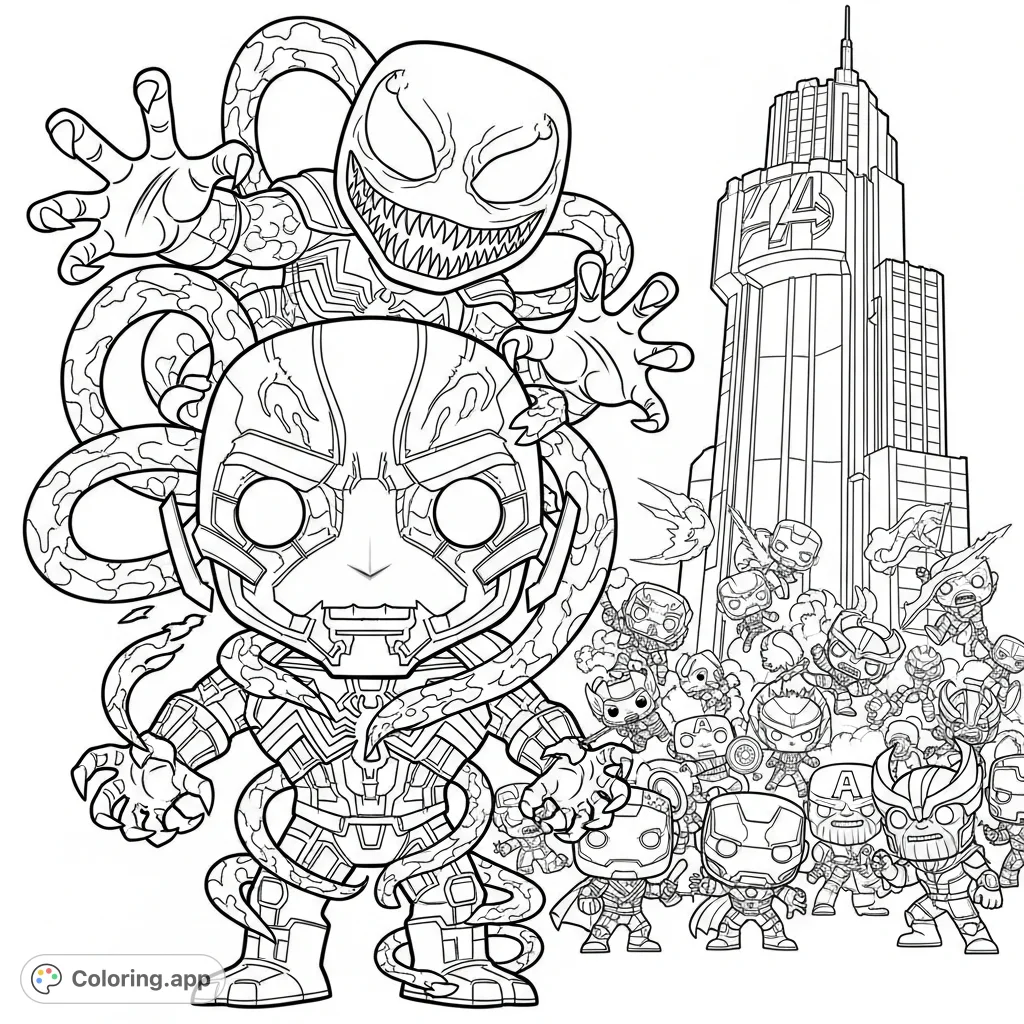 An epic Funko Pop Marvel coloring page featuring Ultron overtaken by Venom, with Avengers battling villains in a dynamic background.