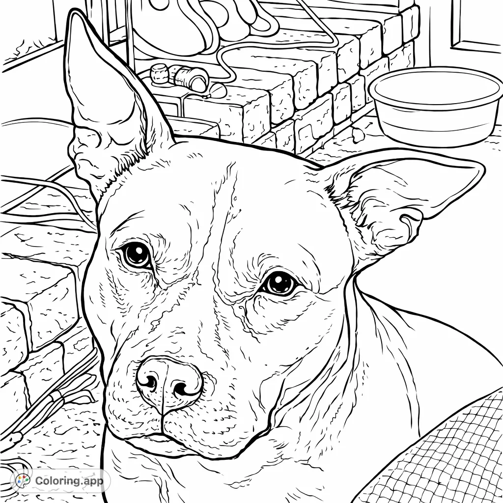A heartwarming dog coloring page featuring a loyal canine companion relaxing near a brick fireplace, offering a cozy scene for all ages to color.