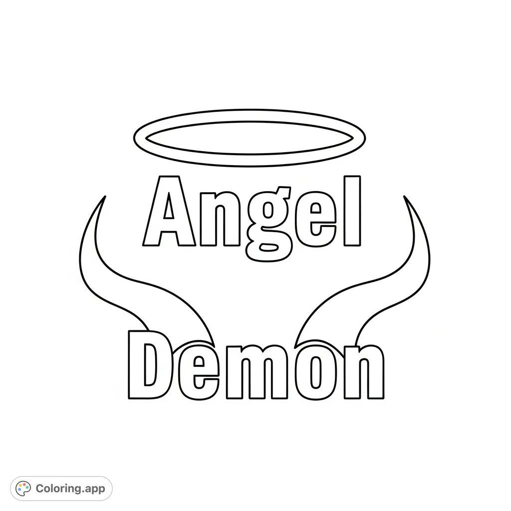 A striking typography coloring page featuring 'Angel' with a halo and 'Demon' with horns, offering a symbolic contrast and creative challenge.