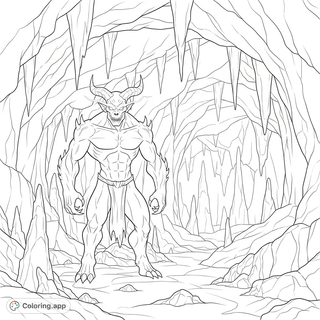 A fearsome demonic fiend with glowing eyes lurks within a sprawling network of dark, rugged caves in hell, offering an intense Angel & Demon coloring page experience.