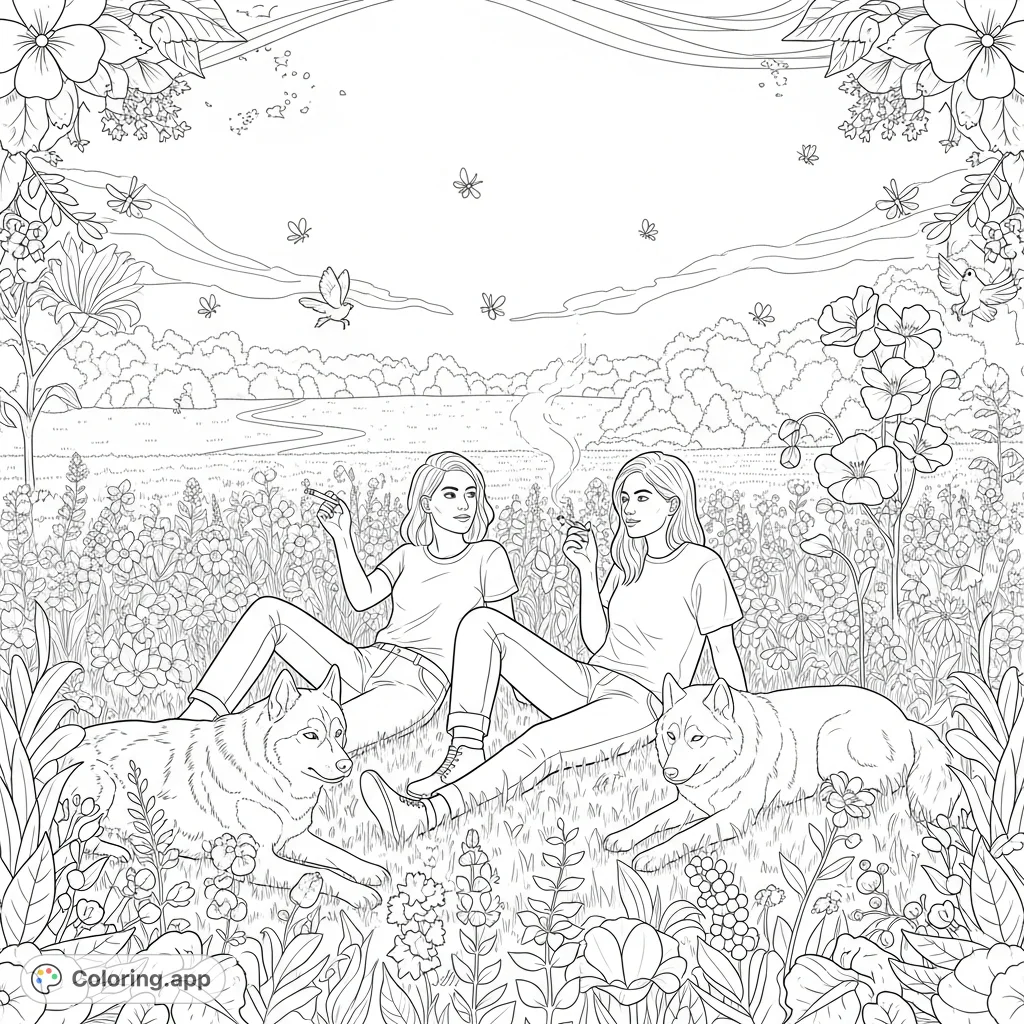 Relax in a vibrant park setting with two young adult females and their huskies. Features intricate flowers, birds, butterflies, and a blunt for a detailed adult coloring experience.