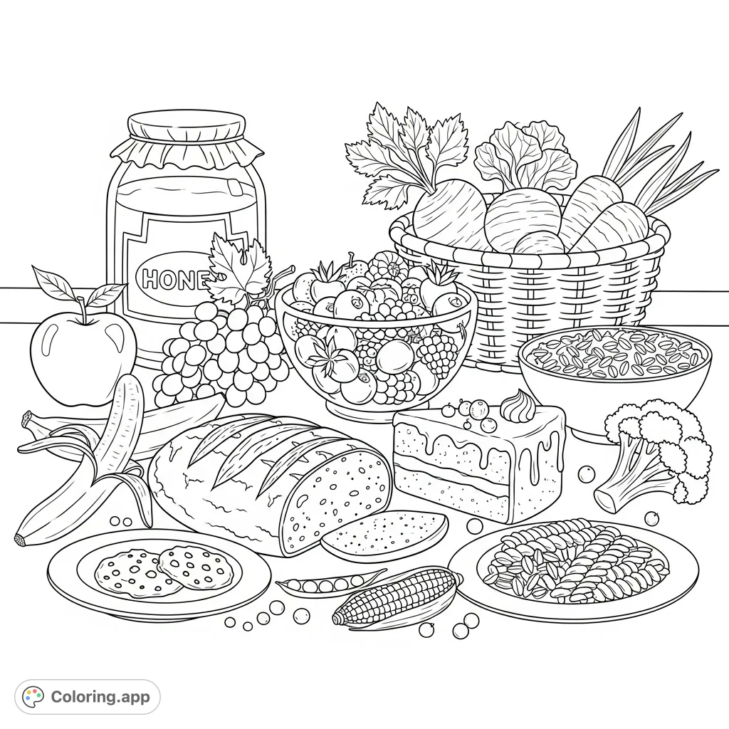 Embark on a culinary quest! Color and discover various starch, sugar, and fiber foods hidden within a detailed kitchen counter scene.