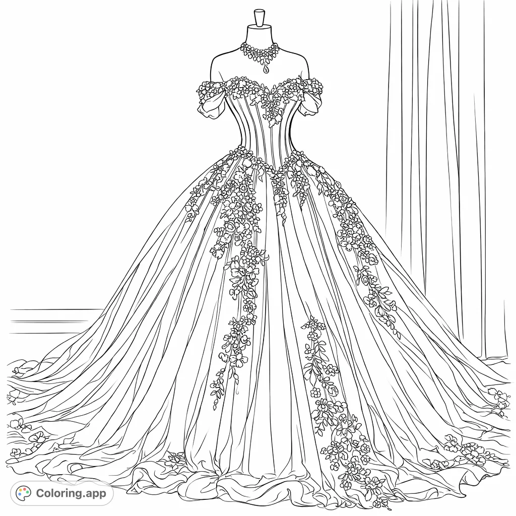 Color an elegant ball gown featuring an intricately embroidered bodice, off-shoulder sleeves, and a voluminous, flowing layered skirt on a display mannequin.
