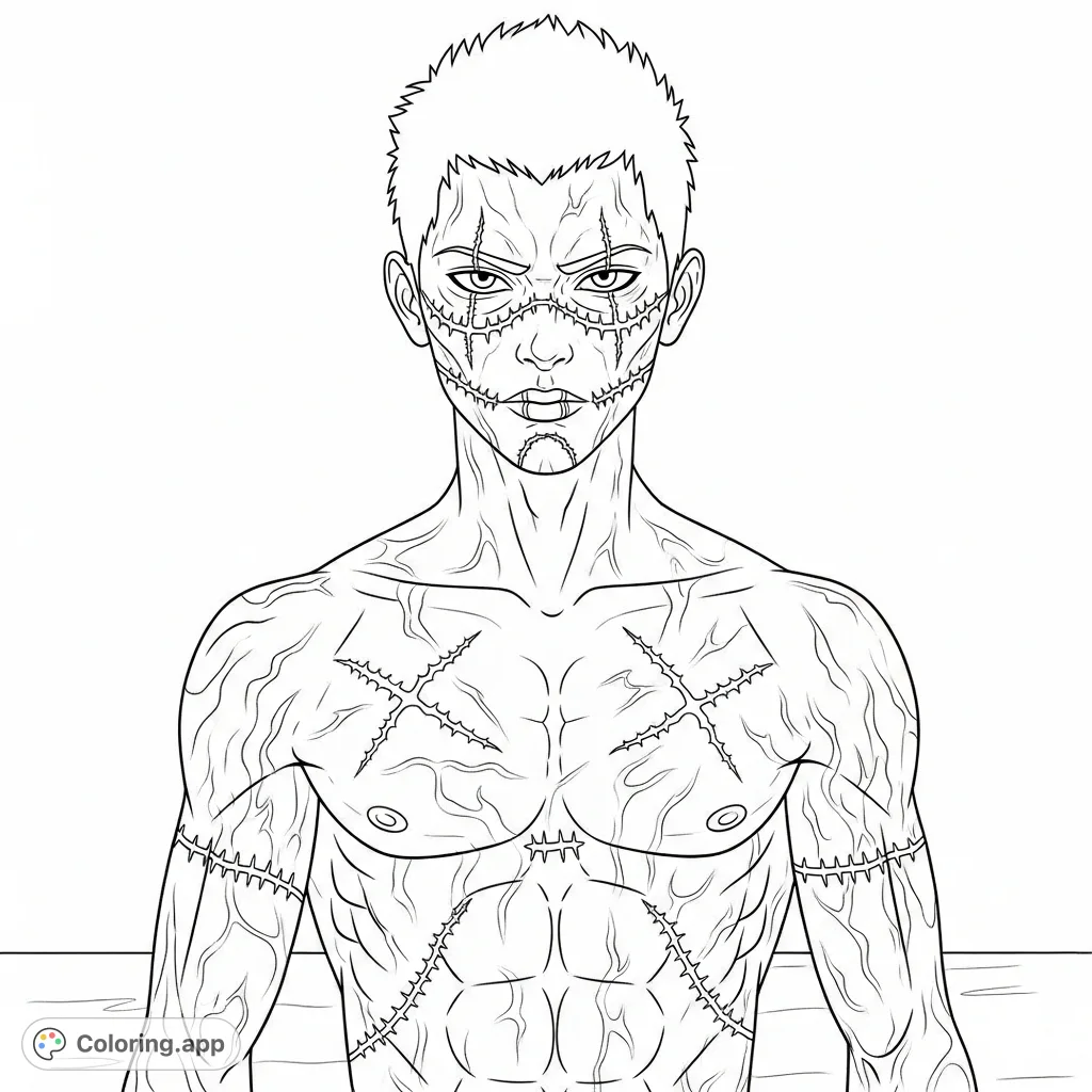 Explore a detailed male figure with spiky hair, narrow eyes, and intricate scar-like patterns on his face and muscular torso. A challenging, unique coloring page.
