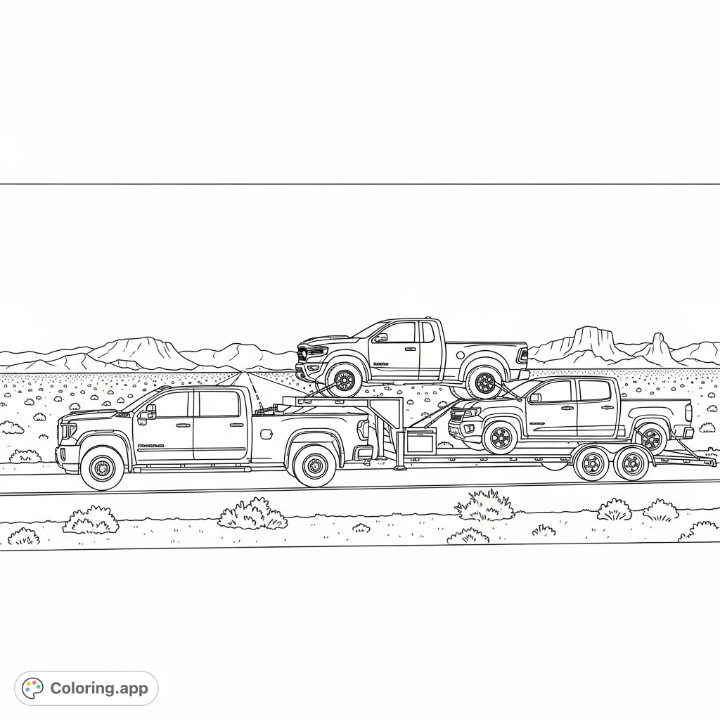 A powerful GMC dually transports a Ram TRX, Ford Raptor, and Chevy Colorado on a robust gooseneck trailer across a vast desert highway under a clear sky. A dynamic truck convoy scene.