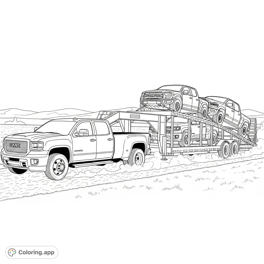 Unleash your creativity with this detailed trucks and trailers coloring page, featuring a GMC dually, gooseneck trailer, Ford Raptor, Chevy Colorado, and Ram TRX.