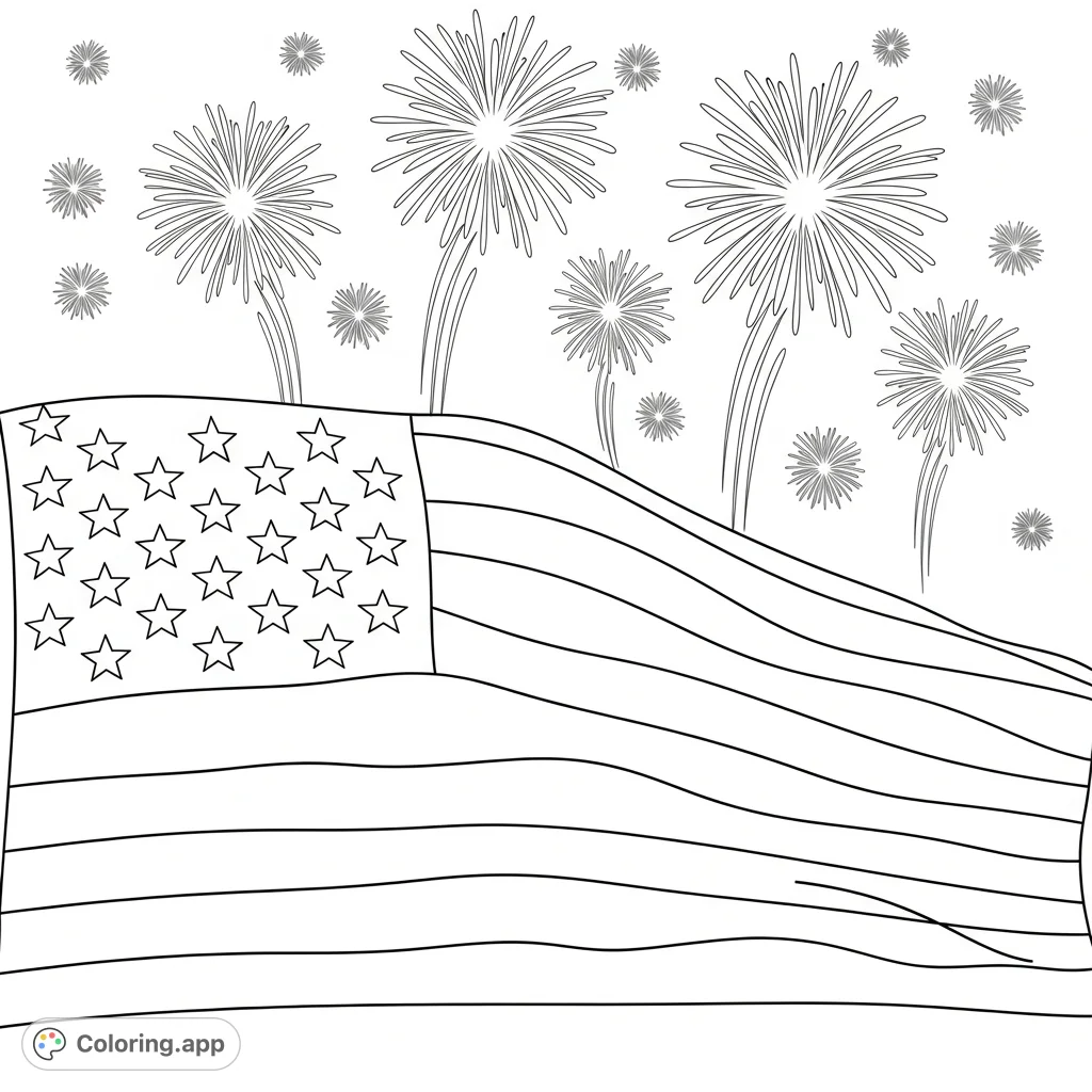 A vibrant flag featuring stars and stripes unfurls majestically against a dynamic backdrop of celebratory fireworks. A perfect patriotic scene.