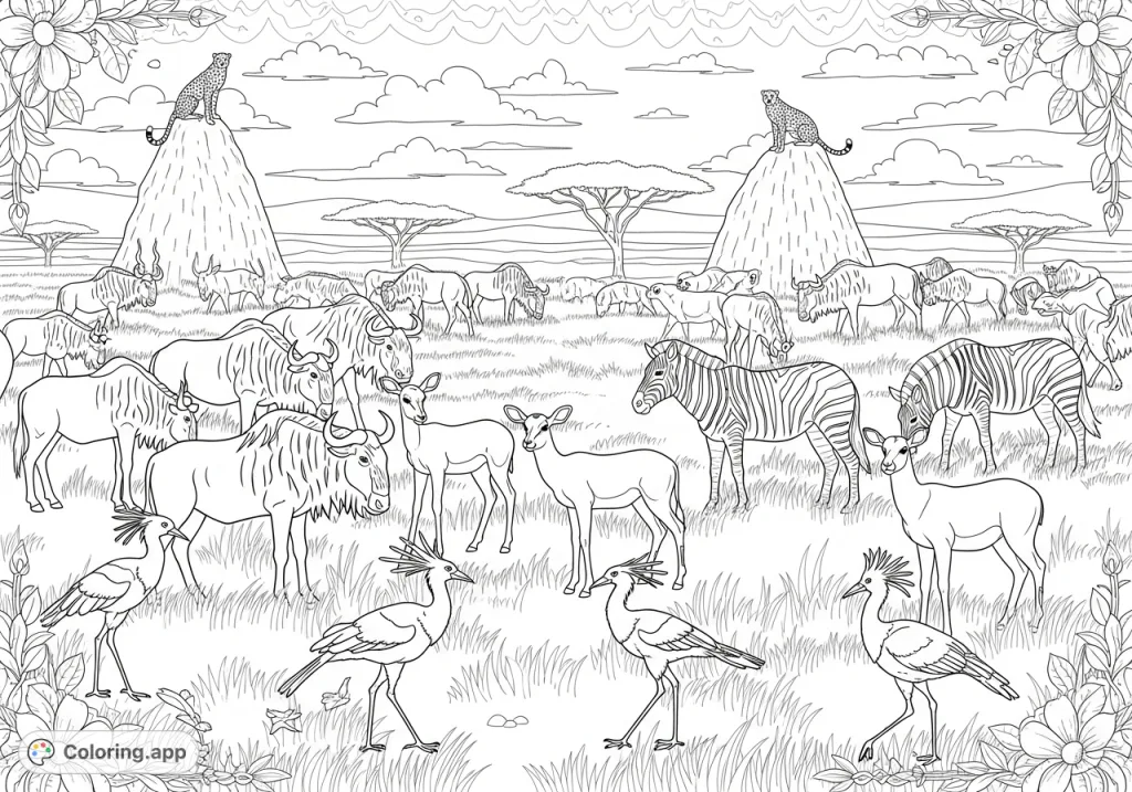 Explore the bustling African savannah, where wildebeest, zebras, and impalas roam alongside unique birds, with cheetahs watching from afar.
