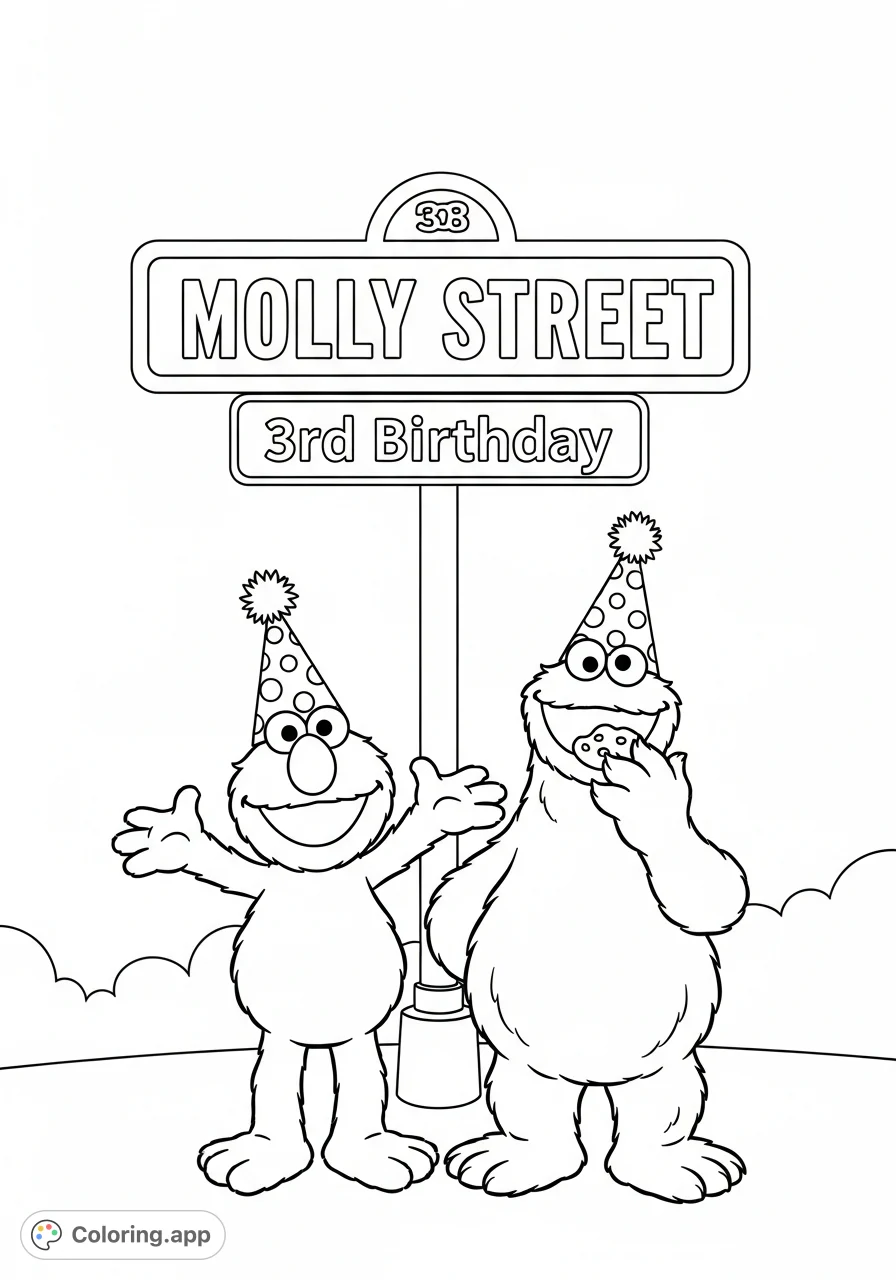 Elmo and Cookie Monster celebrate a "Molly Street 3rd birthday" with party hats, welcoming poses, and a classic signpost. Perfect for fans!