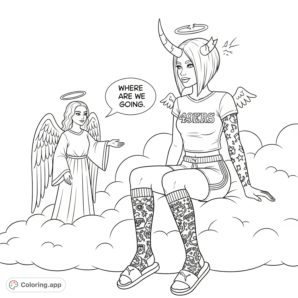 Join Nicole, with her unique horns, tattoos, and stylish outfit, as she embarks on a mysterious journey guided by an angel across the clouds.