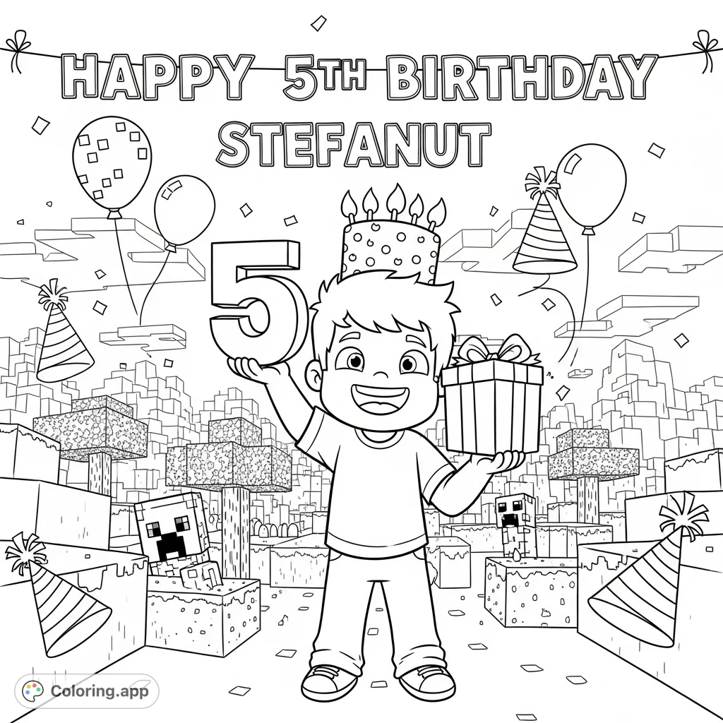 Celebrate Stefanut's 5th birthday in a fun, blocky world! A cheerful boy, '5' numeral, gift, creeper, and pixelated party.