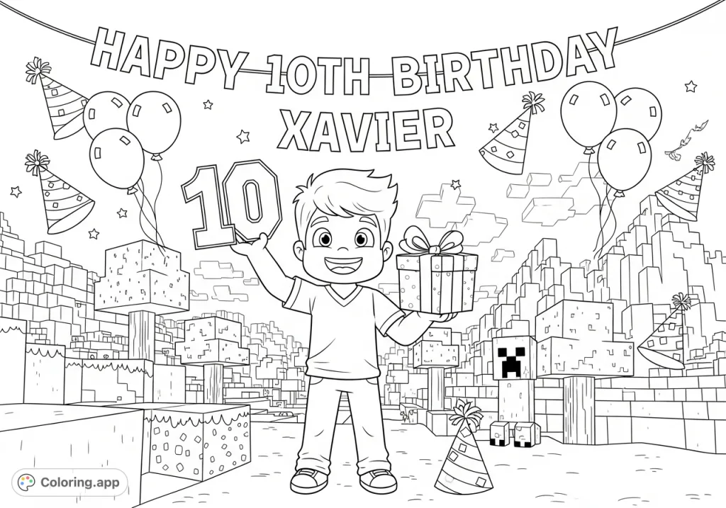 Celebrate Xavier's 10th birthday in a blocky Minecraft world! A cheerful boy, gifts, and a creeper in a pixelated landscape.
