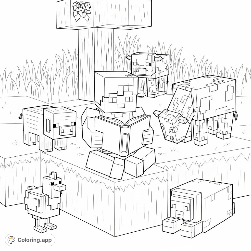 A blocky Minecraft character enjoys a book, surrounded by beloved Minecraft animals like a pig, cow, chicken, and sheep in a charming, block-filled world.