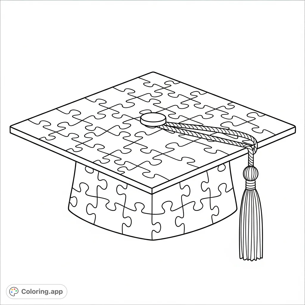 Celebrate academic achievement with this unique Graduation Cap coloring page, intricately formed from 43 interlocking puzzle pieces representing a journey to a bachelor's degree.