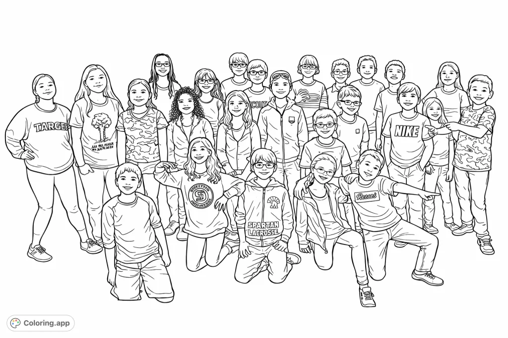 A cheerful group of diverse children and teens poses together, showcasing a variety of casual wear and beaming smiles. A detailed community scene.