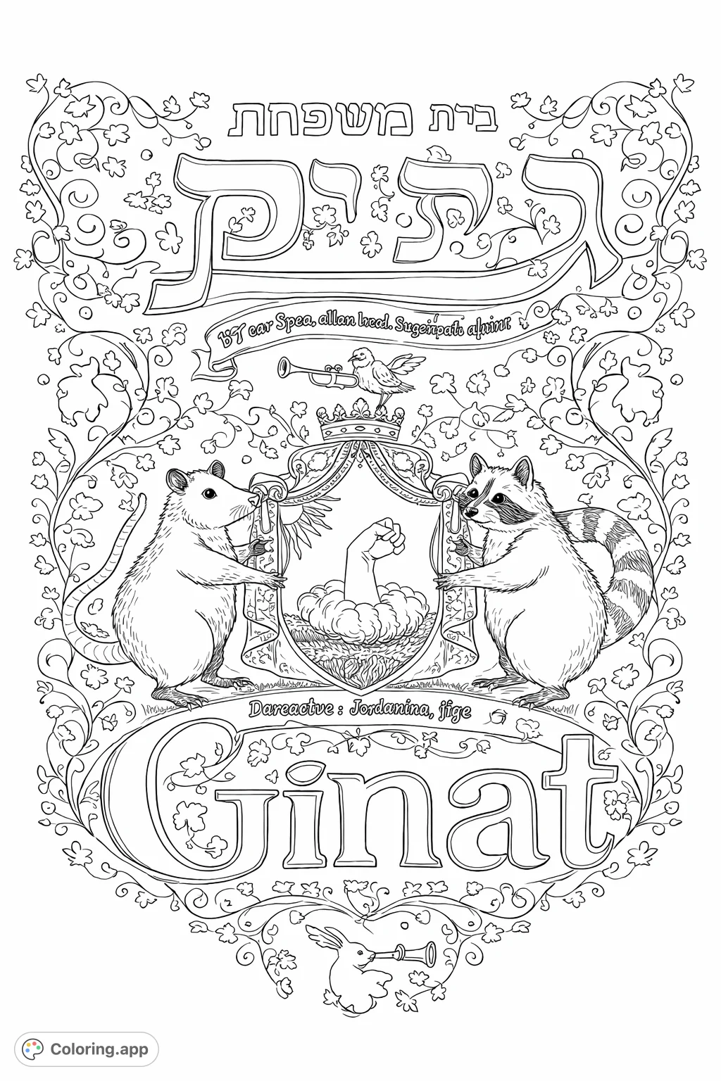 An intricate family crest featuring an opossum and raccoon supporting a central shield, surrounded by elegant floral scrollwork and decorative text.