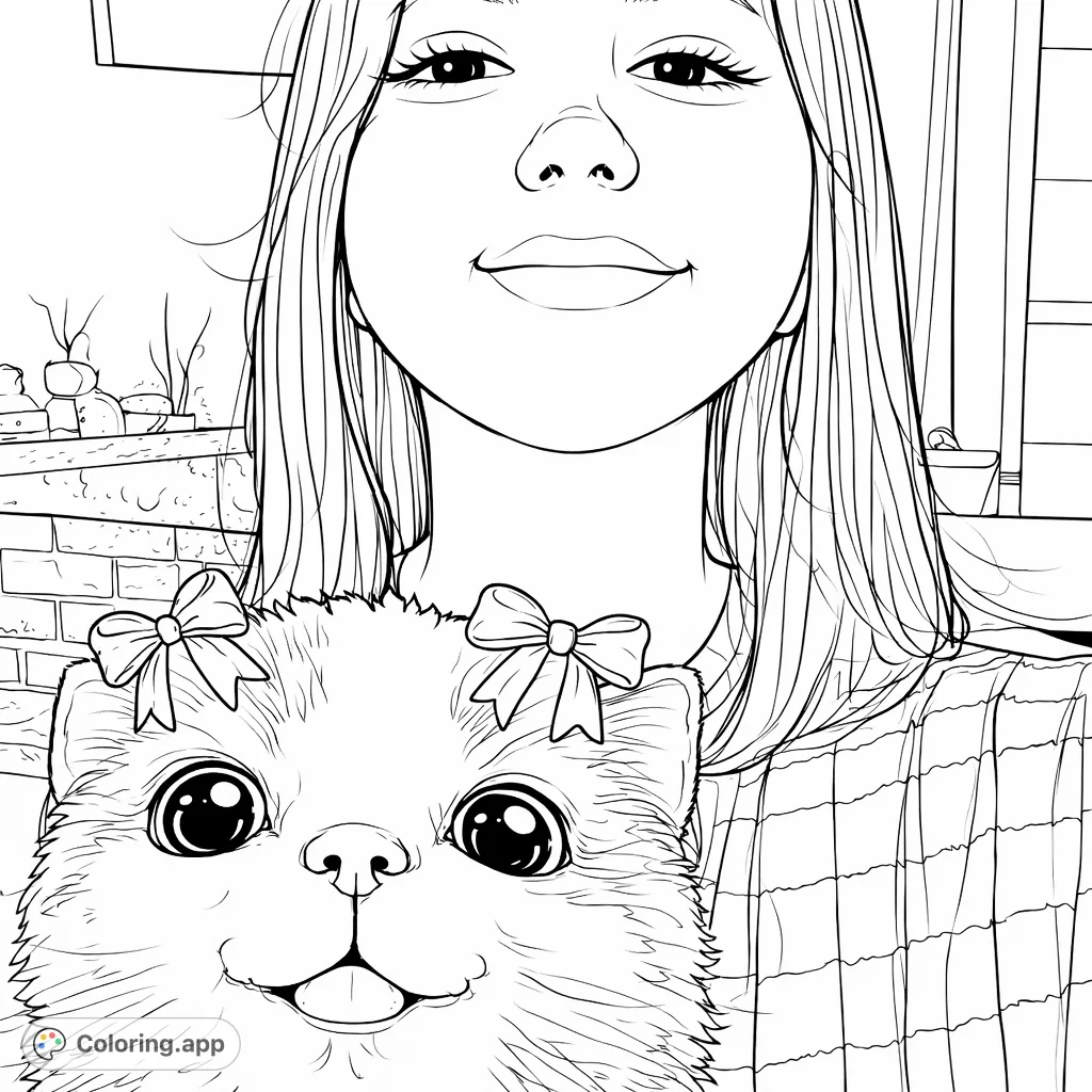 A delightful coloring page featuring a person and their playful cat, adorned with charming bows. Perfect for pet lovers of all ages.