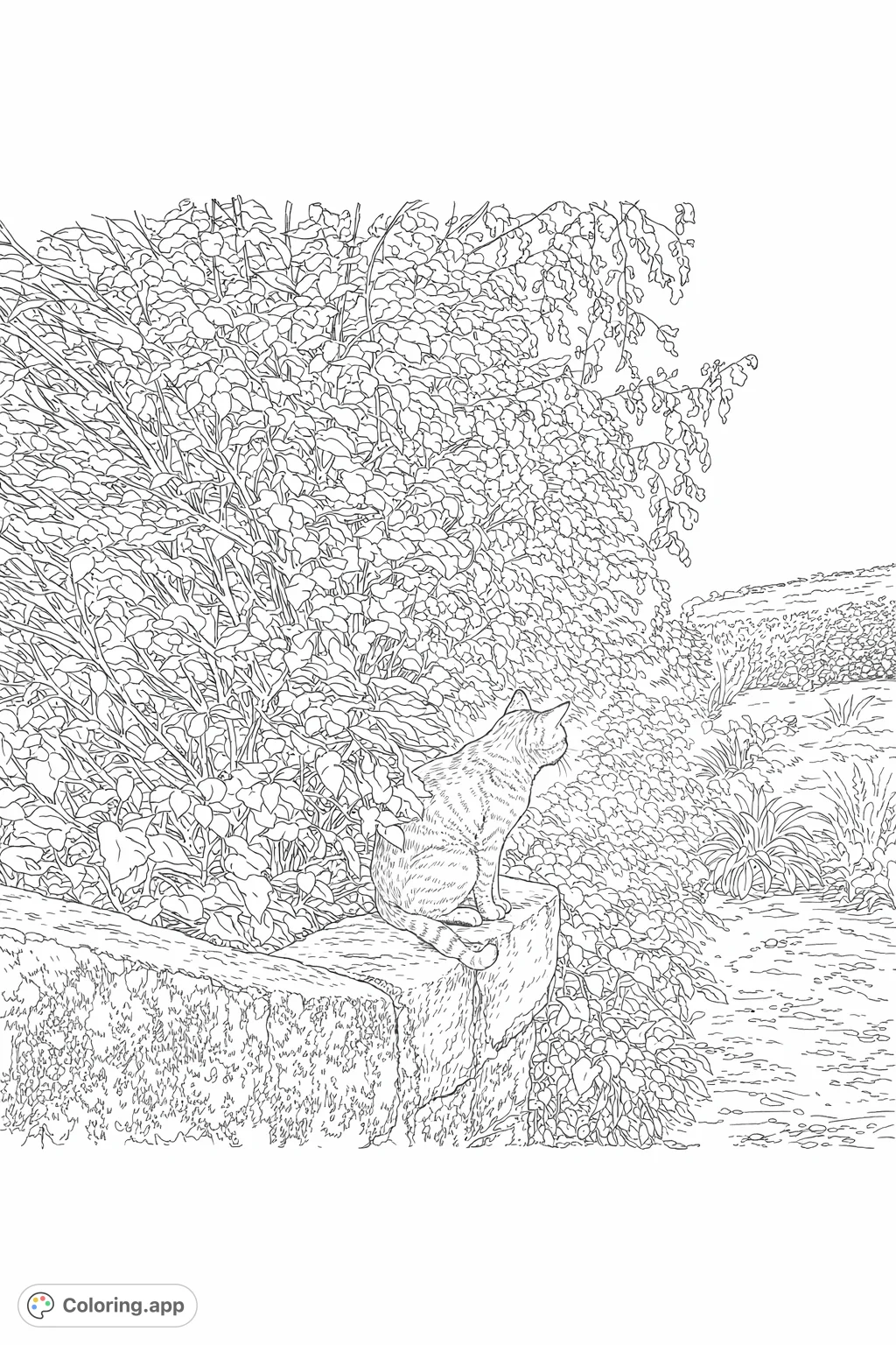 Discover a realistic cat perched on a mossy garden wall amidst lush foliage. This detailed cat coloring page offers a serene nature scene.