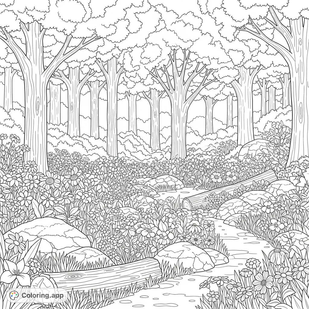 Explore a peaceful woodland garden. Lush trees form a canopy over a ground blanketed with wildflowers, mossy rocks, and fallen logs.