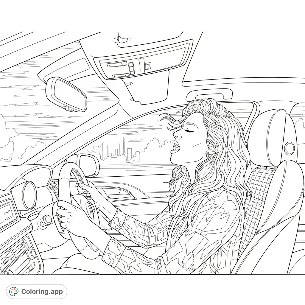 Captivate fans with an Olivia Rodrigo coloring page, featuring the pop star passionately singing while driving a stylish car. A free printable coloring page for music lovers.