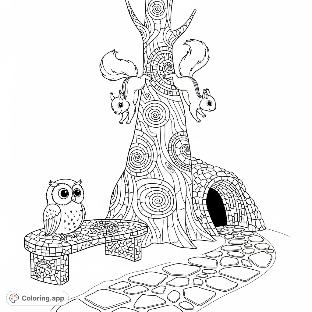 An enchanting mosaic nature scene coloring page featuring playful squirrels, a curious owl, and an intricate landscape of mosaic patterns and stones.