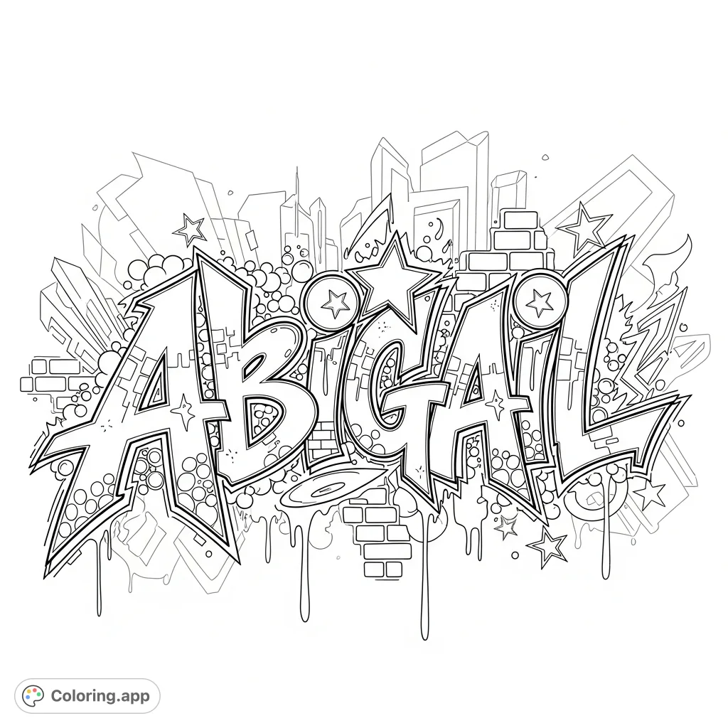An intricate Abigail graffiti coloring page featuring dynamic letters, swirling shapes, urban textures, and bold lines. Perfect for creative expression and street art enthusiasts.