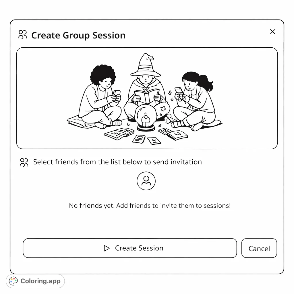 A collaborative study group coloring page featuring three figures reading, writing, and creating together, surrounded by books and papers.