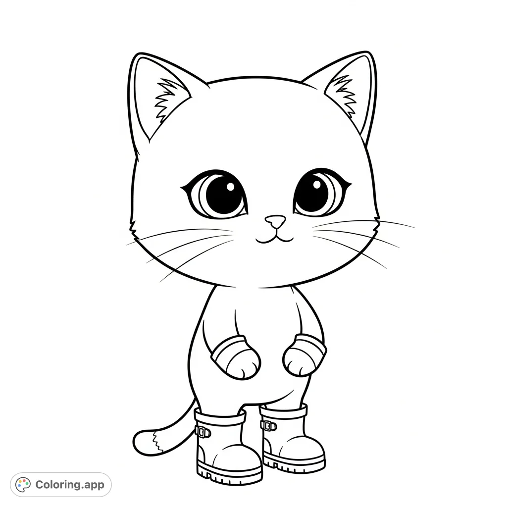 An adorable chiba-style cat stands playfully in Wellington boots, ready for adventure. This simple, charming free printable coloring page is perfect for all ages.