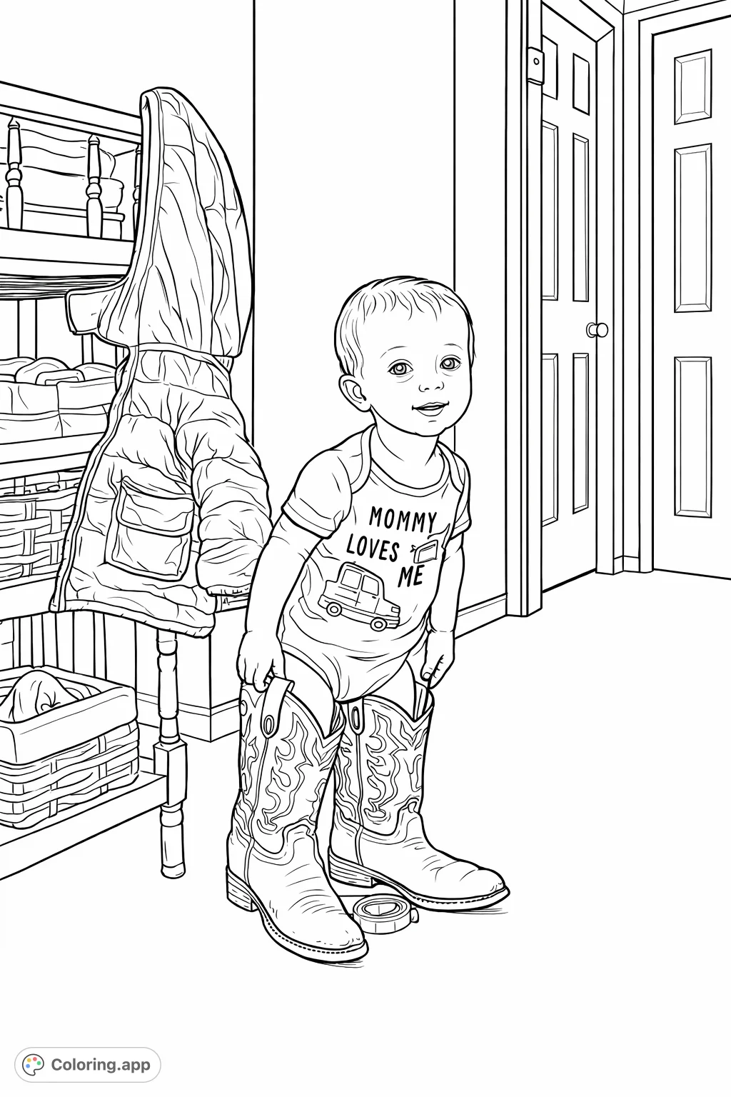 A heartwarming scene featuring a toddler playfully trying on oversized cowboy boots. This charming image captures a moment of childhood curiosity and joy.
