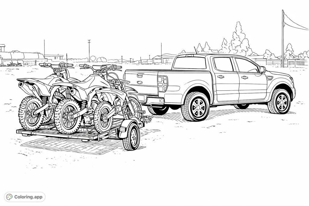 A rugged pickup truck towing a trailer loaded with two dirt bikes and an ATV, ready for an exciting off-road adventure on a vast, open landscape.