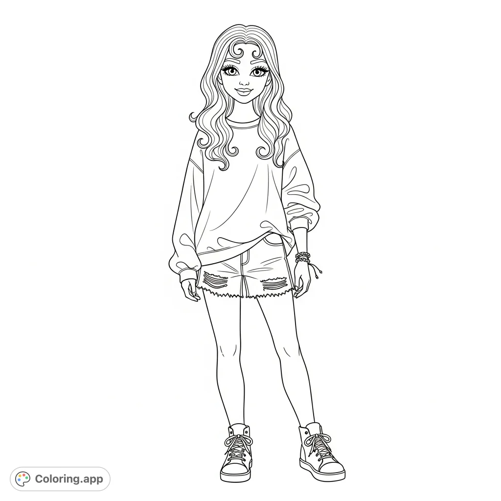 Capture the essence of youth with this stylish teen girl, featuring wavy hair, an oversized sweatshirt, ripped shorts, and high-top shoes. Perfect for creative expression.