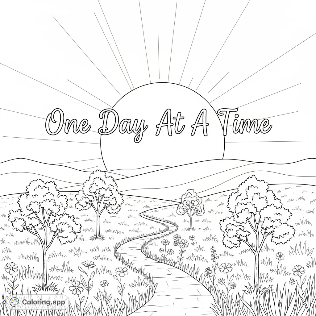 A tranquil 'One Day At A Time' coloring page featuring inspiring text, a winding path, gentle hills, and a serene celestial body for mindful reflection.