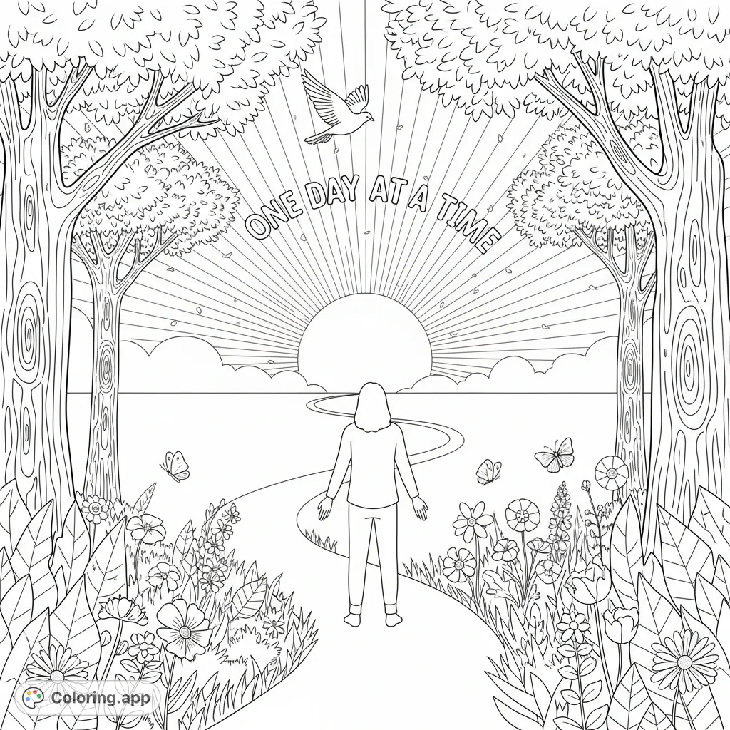An inspiring coloring page depicting a figure on a winding path towards a radiating sun, symbolizing recovery and hope. Features beautiful nature and the phrase 'One Day At A Time'.