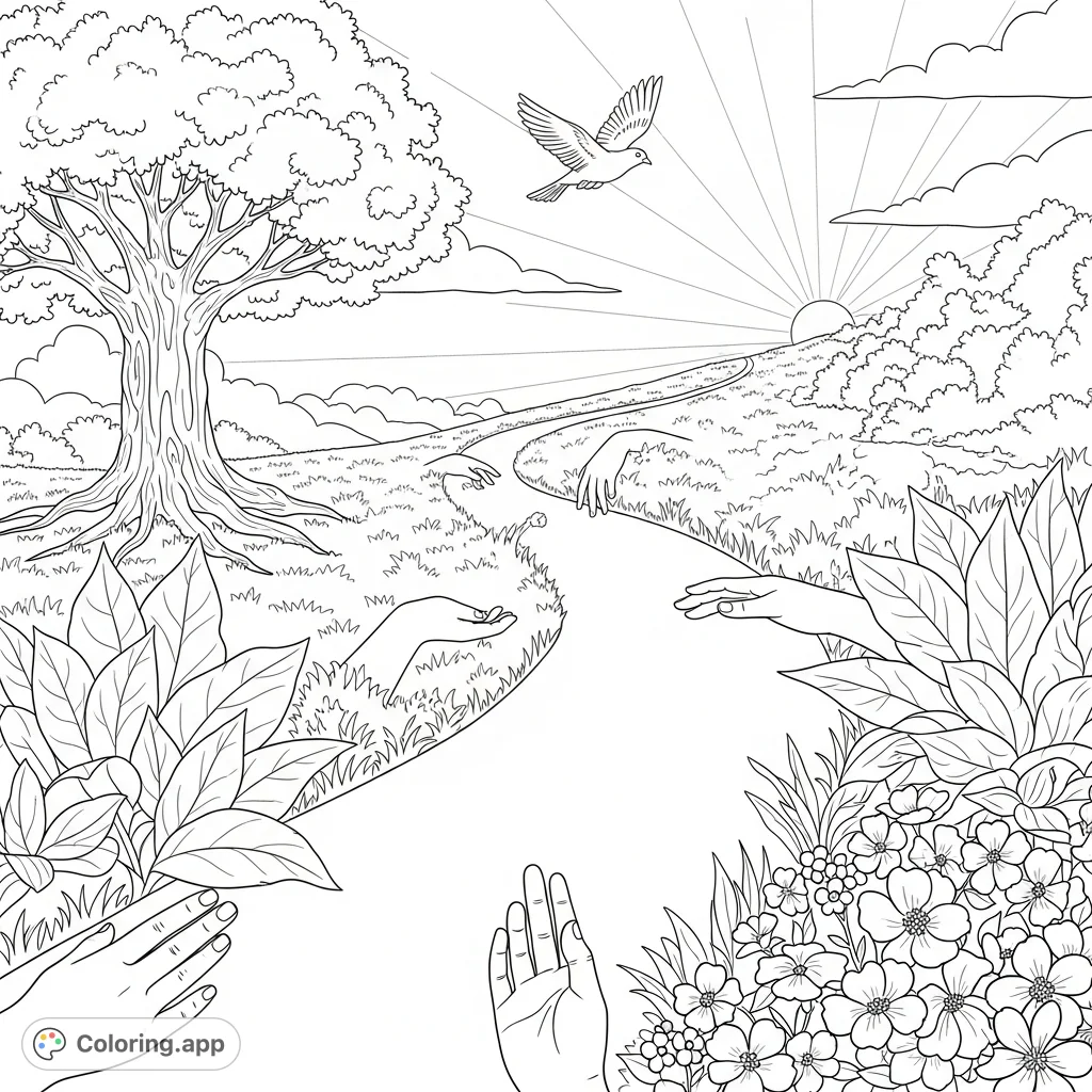Embark on a symbolic journey of healing with this serene coloring page. A winding path, flourishing plants, and supportive hands represent growth, hope, and new beginnings.